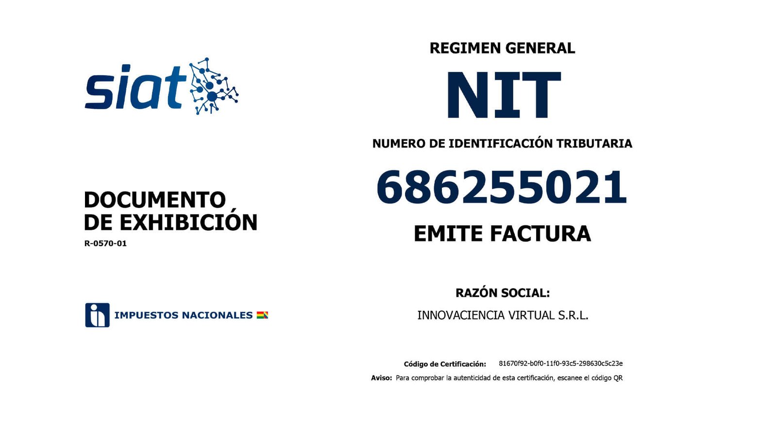 NIT-Innovaciencia-Virual-SRL Número de Identificación Tributaria de Innovaciencia Virtual S.R.L. 686255021